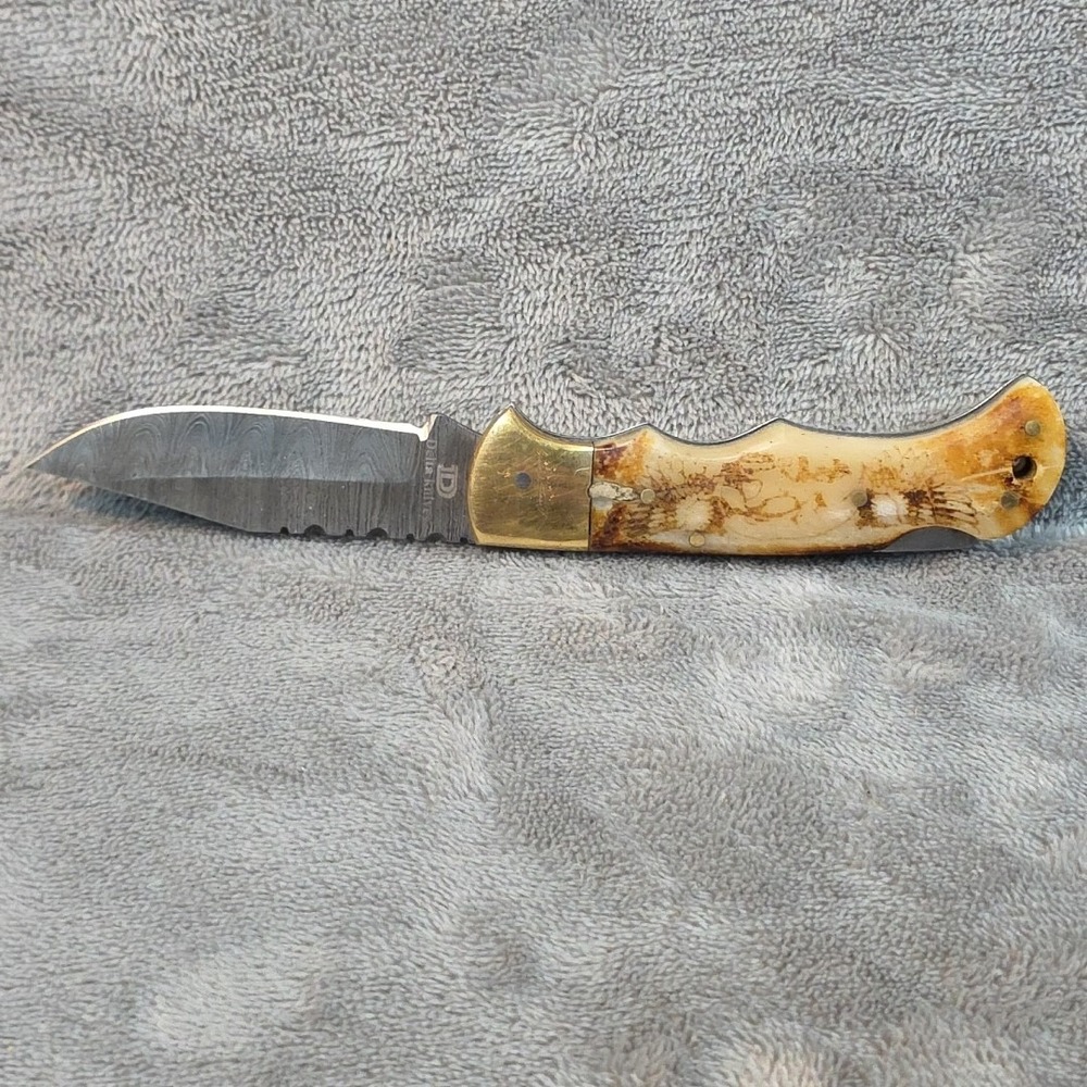 Delta Knives Damascus 3 Inch‎ Drop Point Brass Carved Skull Wings... - Picture 3 of 12